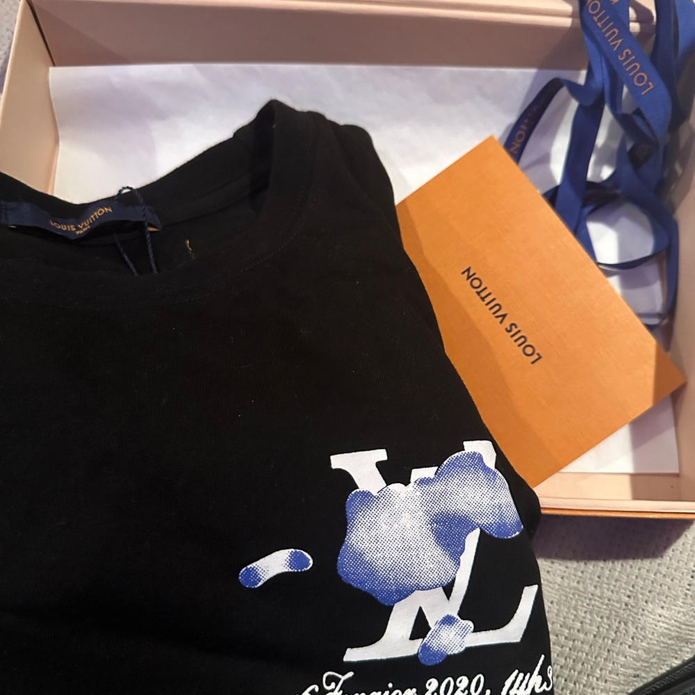 Louis Vuitton Black Tee with Blue and White Cloud Design